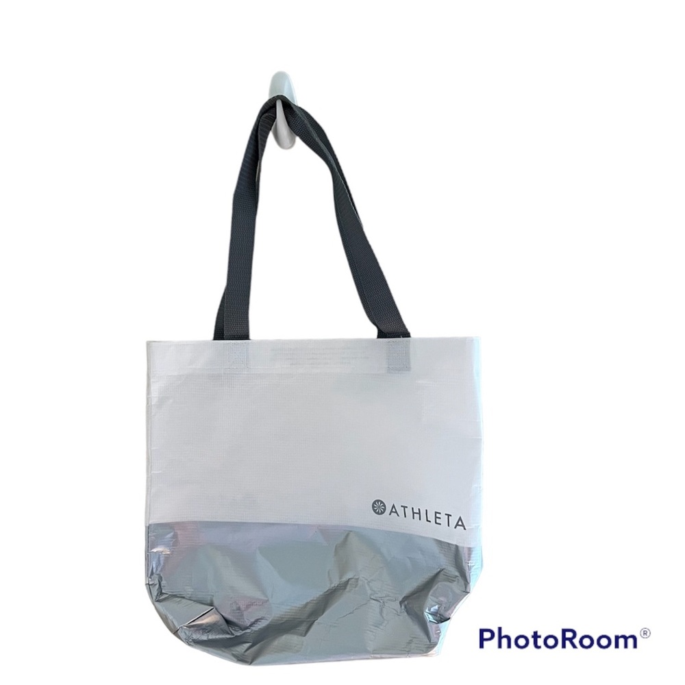 ⚪️ATHLETA: Medium size white & silver logo reusable bag with handles, preowned.
